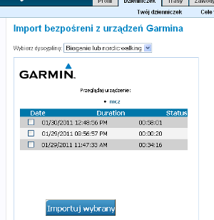 Import z urządzeń Garmina